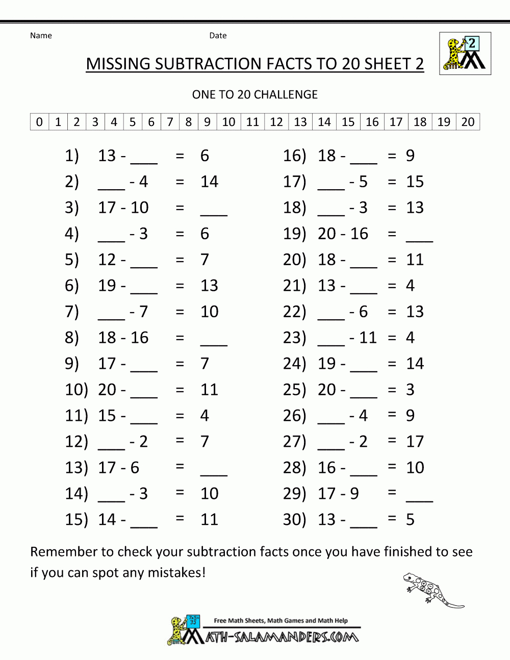 Math Worksheets For 2Nd Grade Missing Subtraction Facts To 20 2 - Free Math Printables For 2Nd Grade