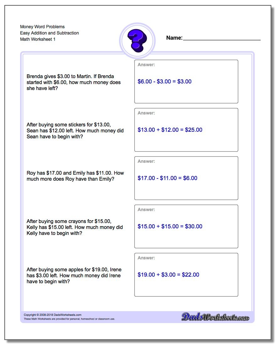 Money Word Problems - Free Printable Word Problems 2Nd Grade