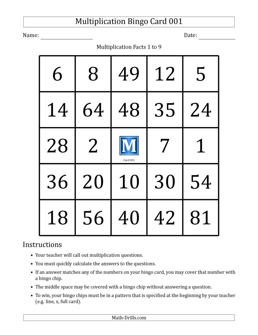 Multiplication Bingo Cards For Facts 1 To 9 (Cards 001 To 010) (A) - Free Printable Multiplication Bingo