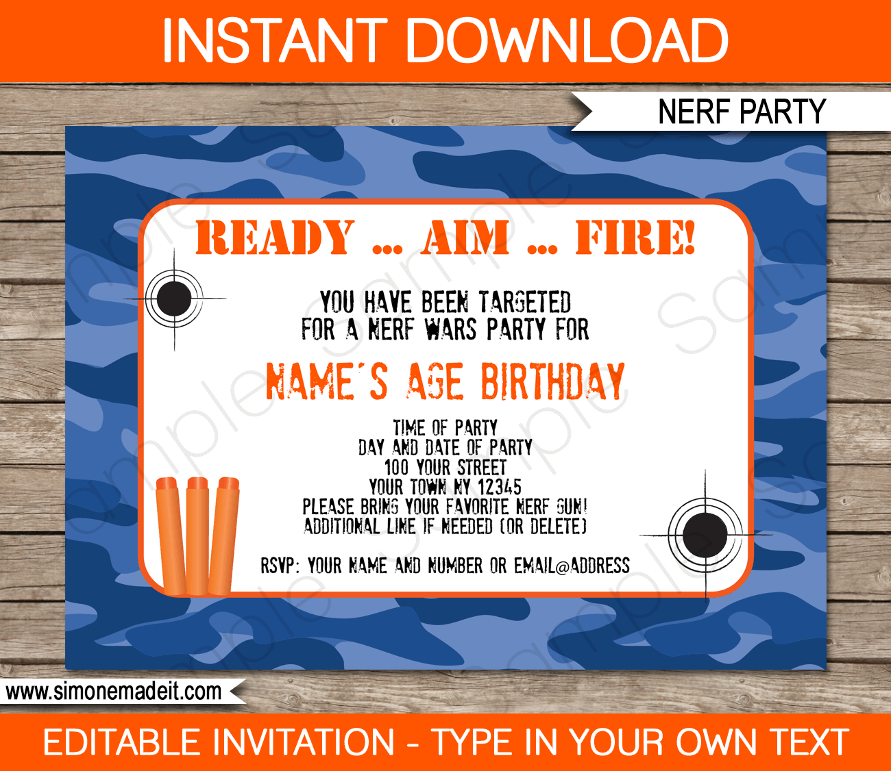 Nerf Party Invitations Template – Blue Camo | Boys Birthdays | Nerf - Free Nerf Printables