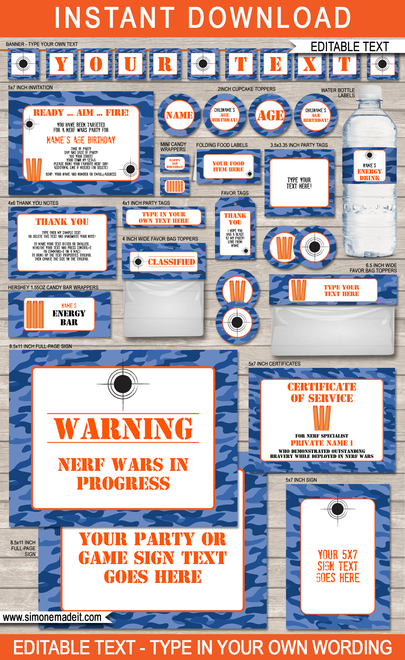 Nerf Printables | Blue Camo | Editable Birthday Party Templates - Free Nerf Printables