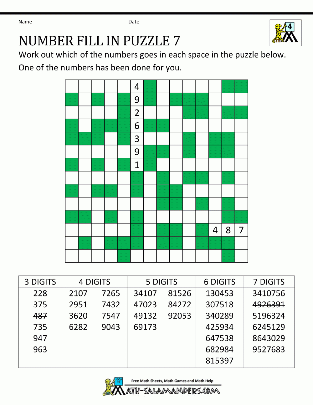 Free printable number fill ins - polystart