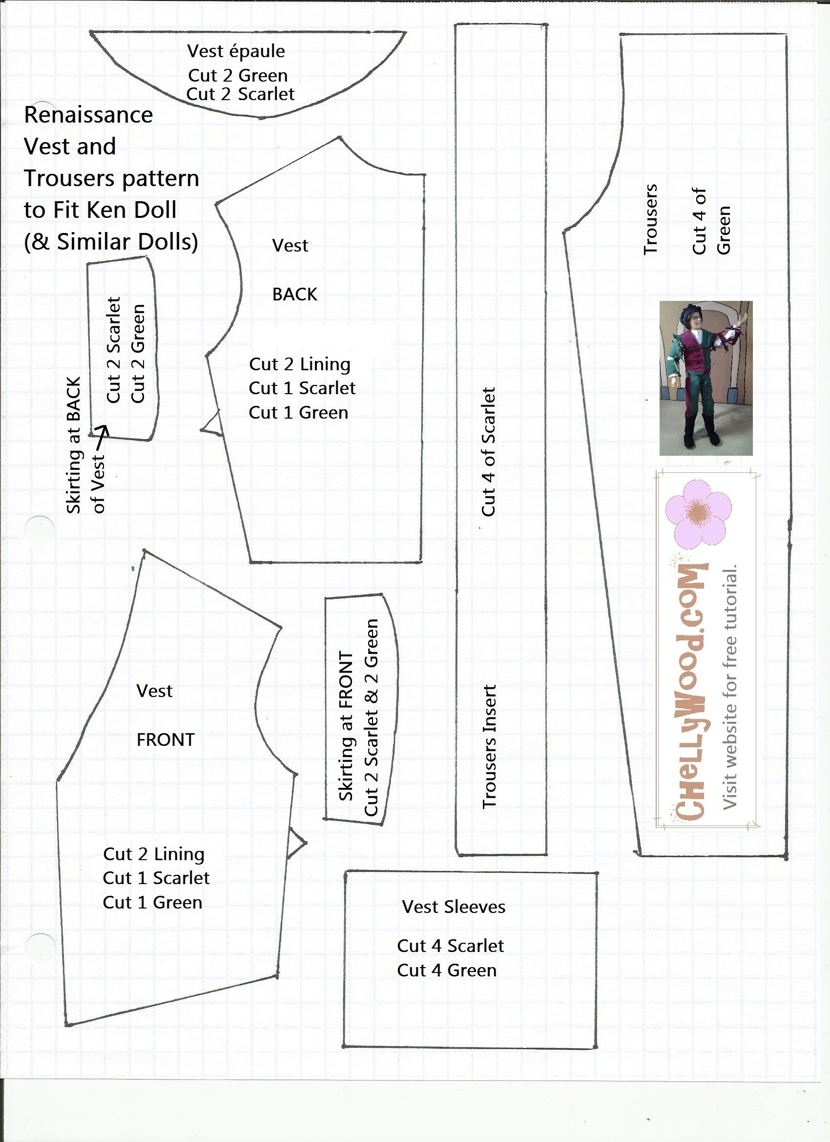 Pattern For Bicolor Renaissance Jacket And Pants For Ken - Ken Clothes Patterns Free Printable