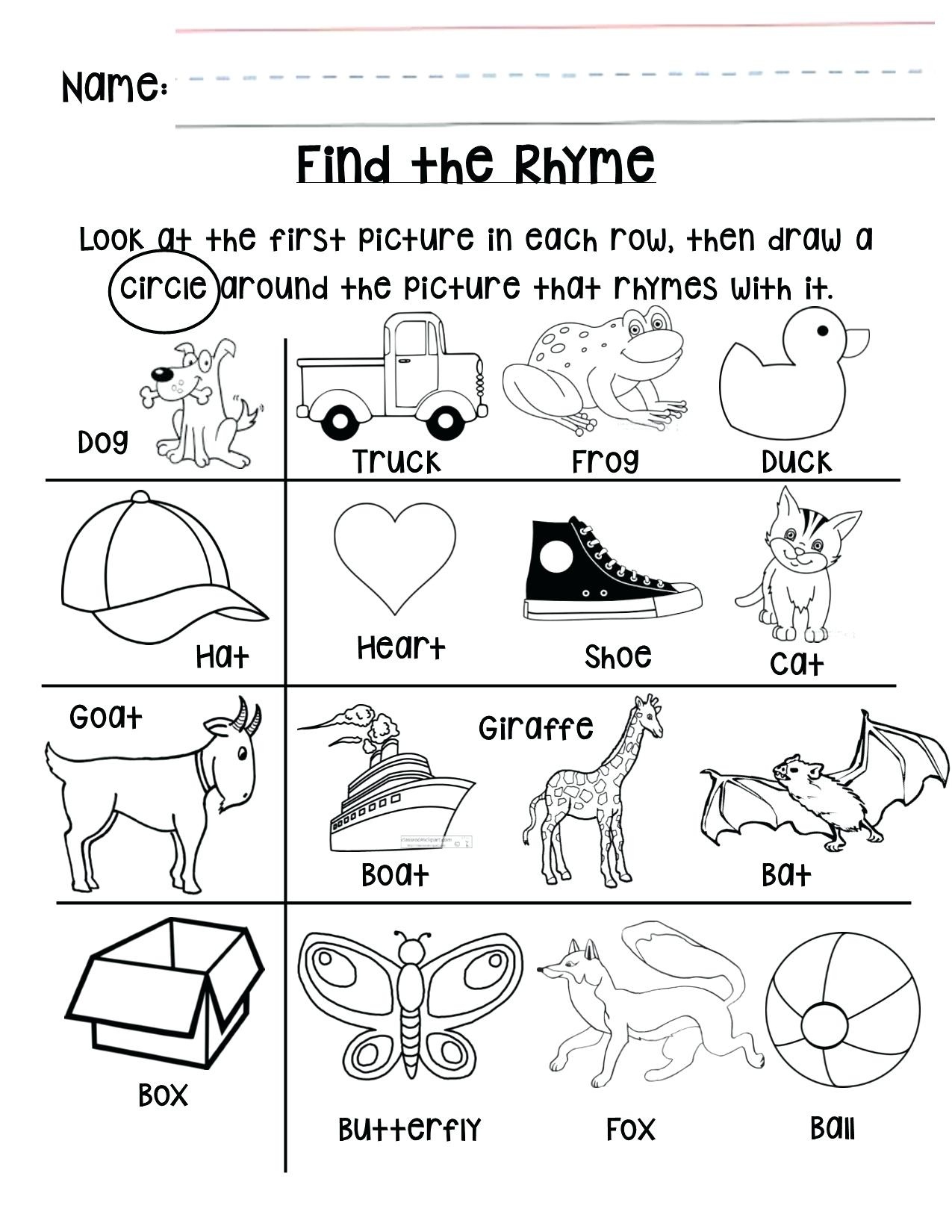 Rhyming Words Sheets For Kindergarten