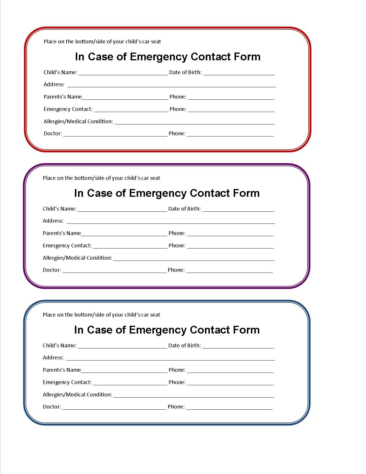 Printable Emergency Contact Form For Car Seat | Class Room Projects - Free Printable Contact Forms