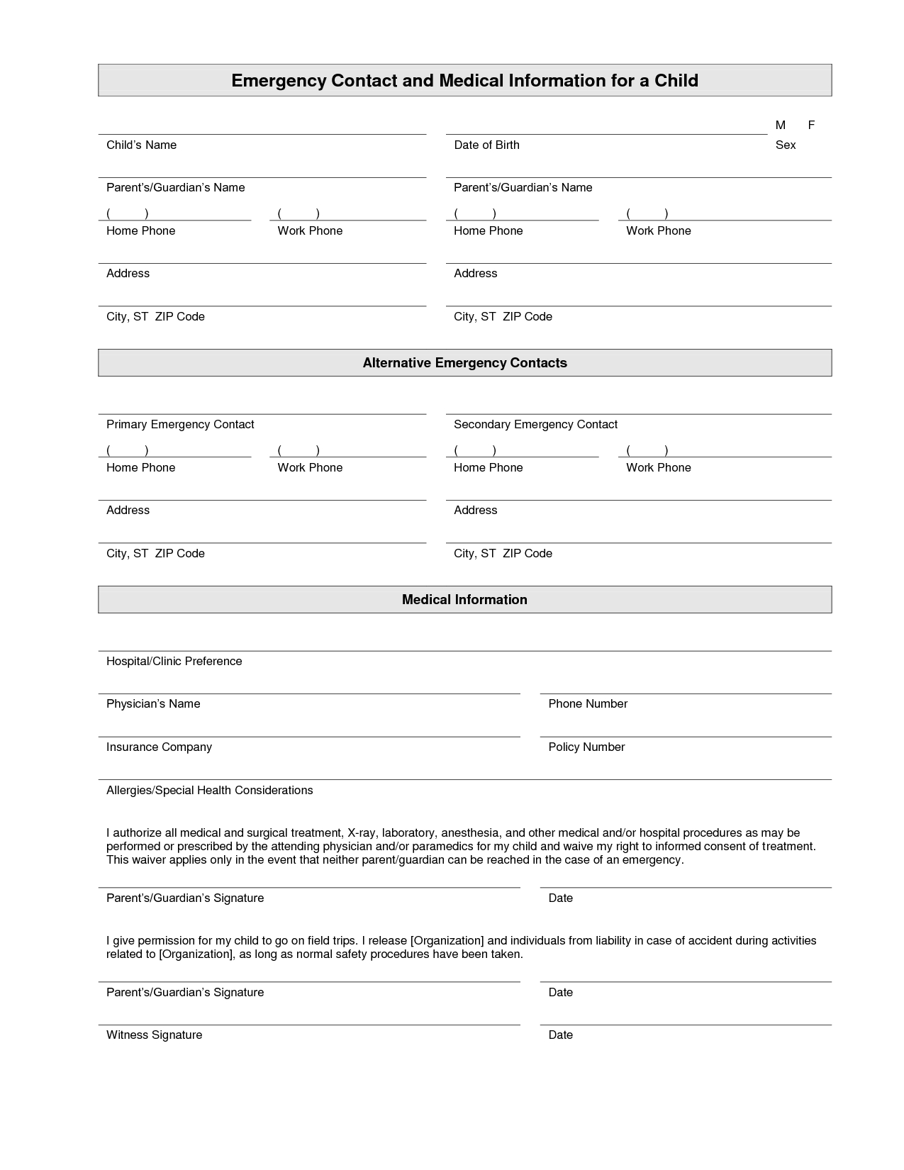 Printable Emergency Contact Form Template Home Daycare Emergency