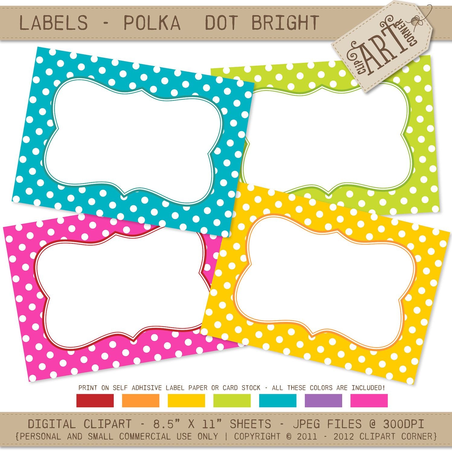 Printable Labels / Cards / Stickers: Bright Polka Dots (Journaling - Free Printable Crayon Name Tags