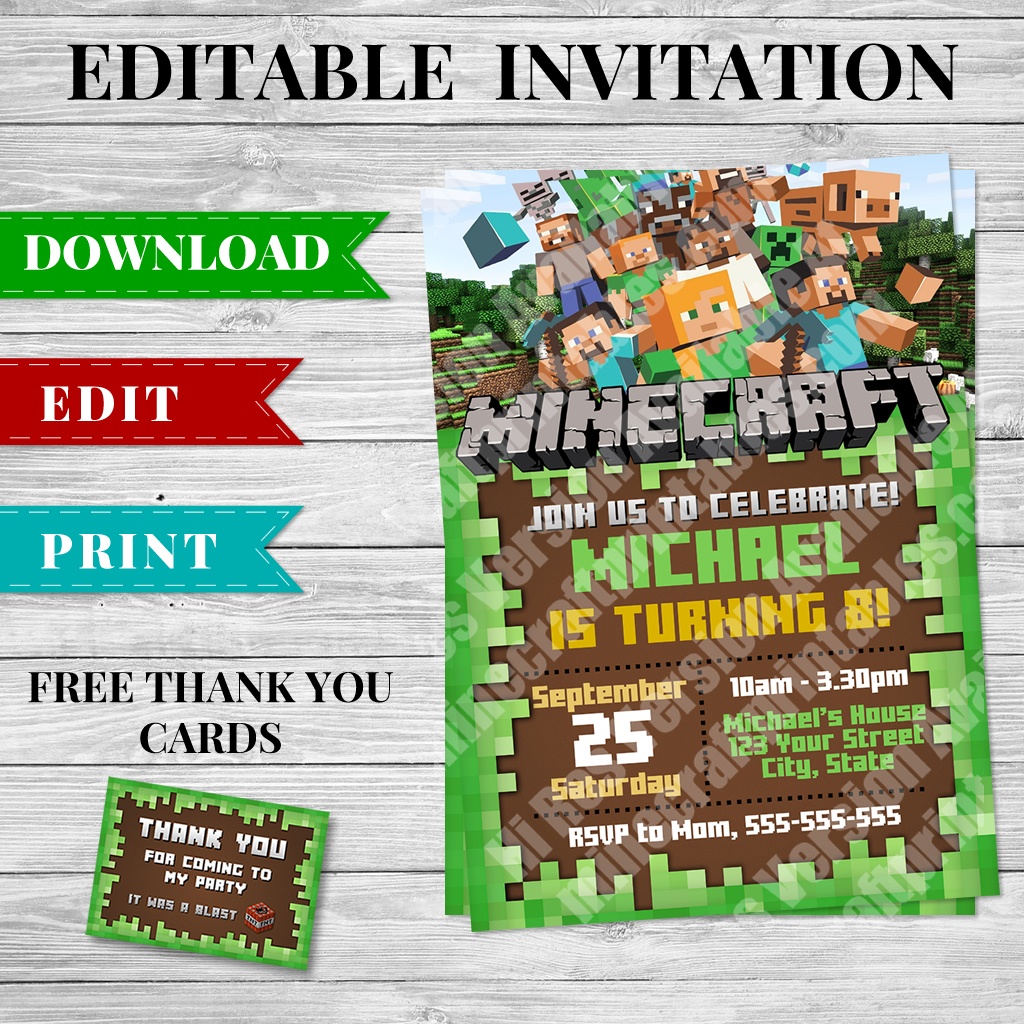 Printable Minecraft Invitation Pdf - Design 2 - Minecraft Printables - Free Minecraft Printables