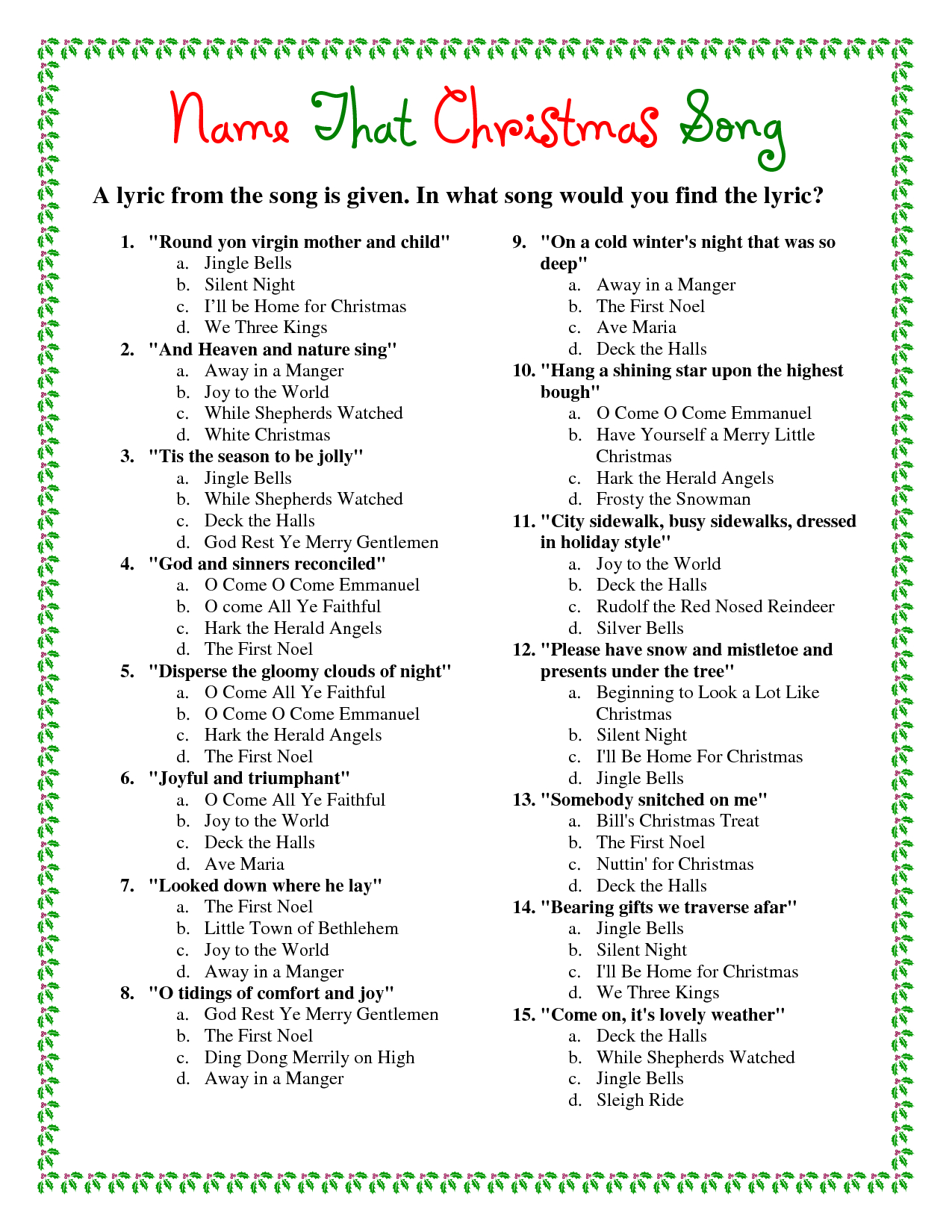 Printable+Christmas+Song+Trivia | Christmas | Christmas Trivia - Free Christmas Picture Quiz Questions And Answers Printable