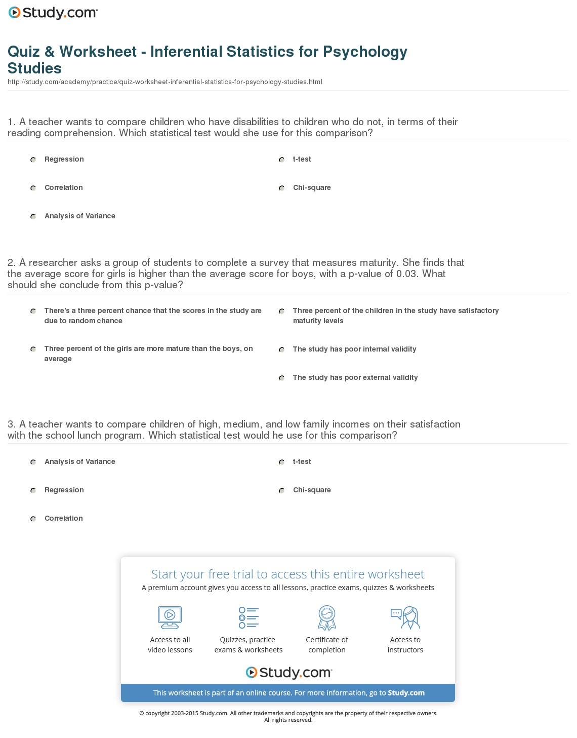 Quiz &amp;amp; Worksheet - Inferential Statistics For Psychology Studies - Free Printable Personality Test For High School Students