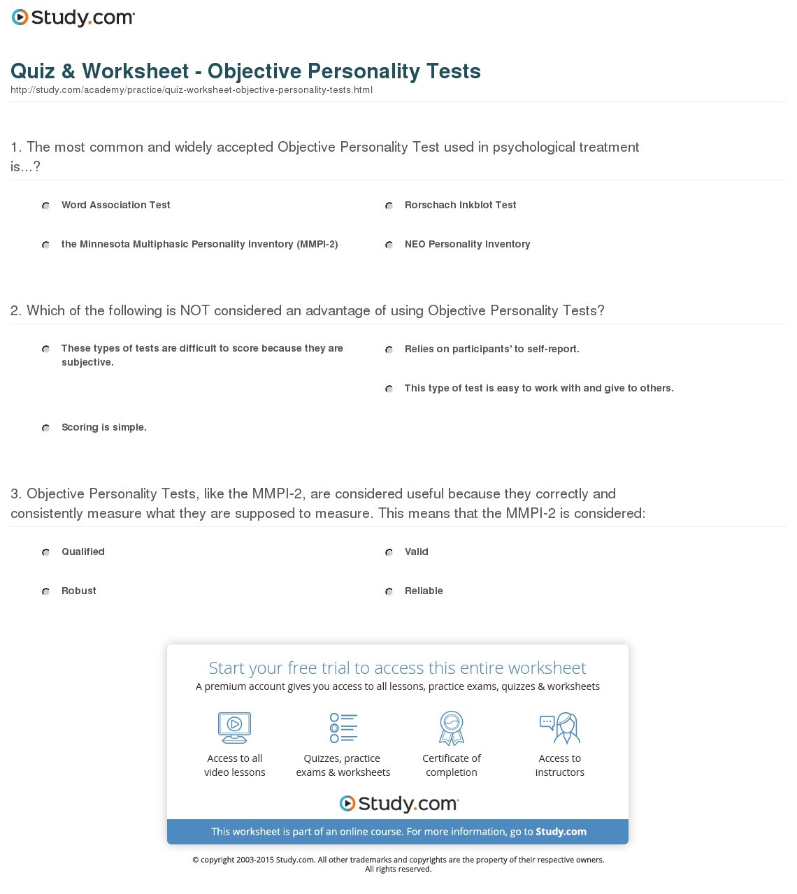 Quiz &amp;amp; Worksheet - Objective Personality Tests | Study - Free Printable Personality Test For High School Students