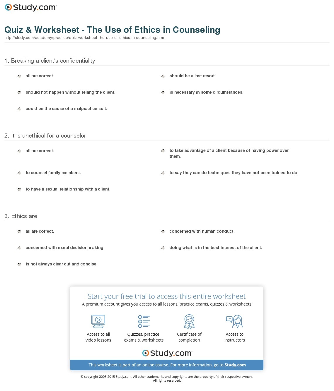 Quiz &amp;amp; Worksheet - The Use Of Ethics In Counseling | Study - Free Printable Counseling Worksheets