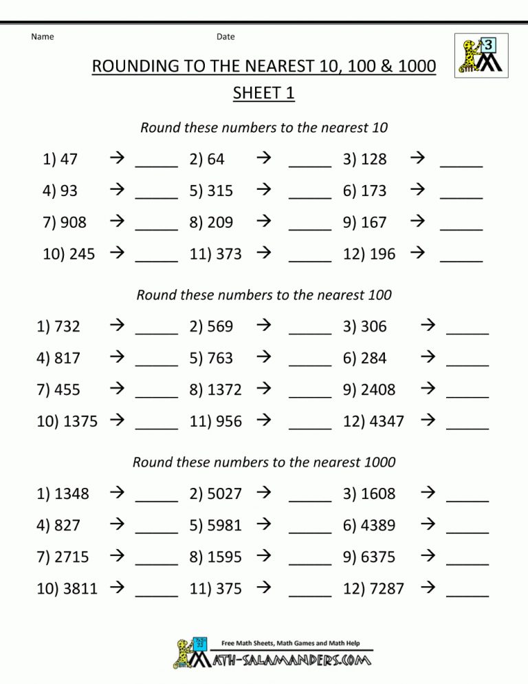 Rounding Numbers Worksheets Nearest 10 100 1000 1 | Education - Free ...