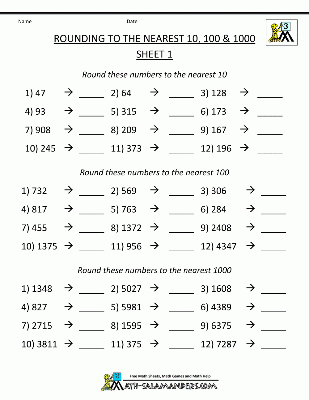 Rounding Numbers Worksheets Nearest 10 100 1000 1 | Education - Free Printable 4Th Grade Rounding Worksheets