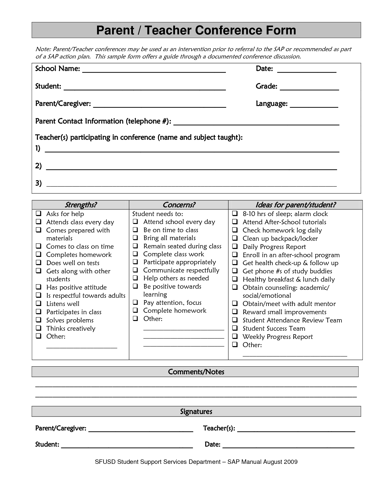 Sample Parent Teacher Conference Form Parent Teacher Conference Form - Free Printable Parent Communication Log For Teachers