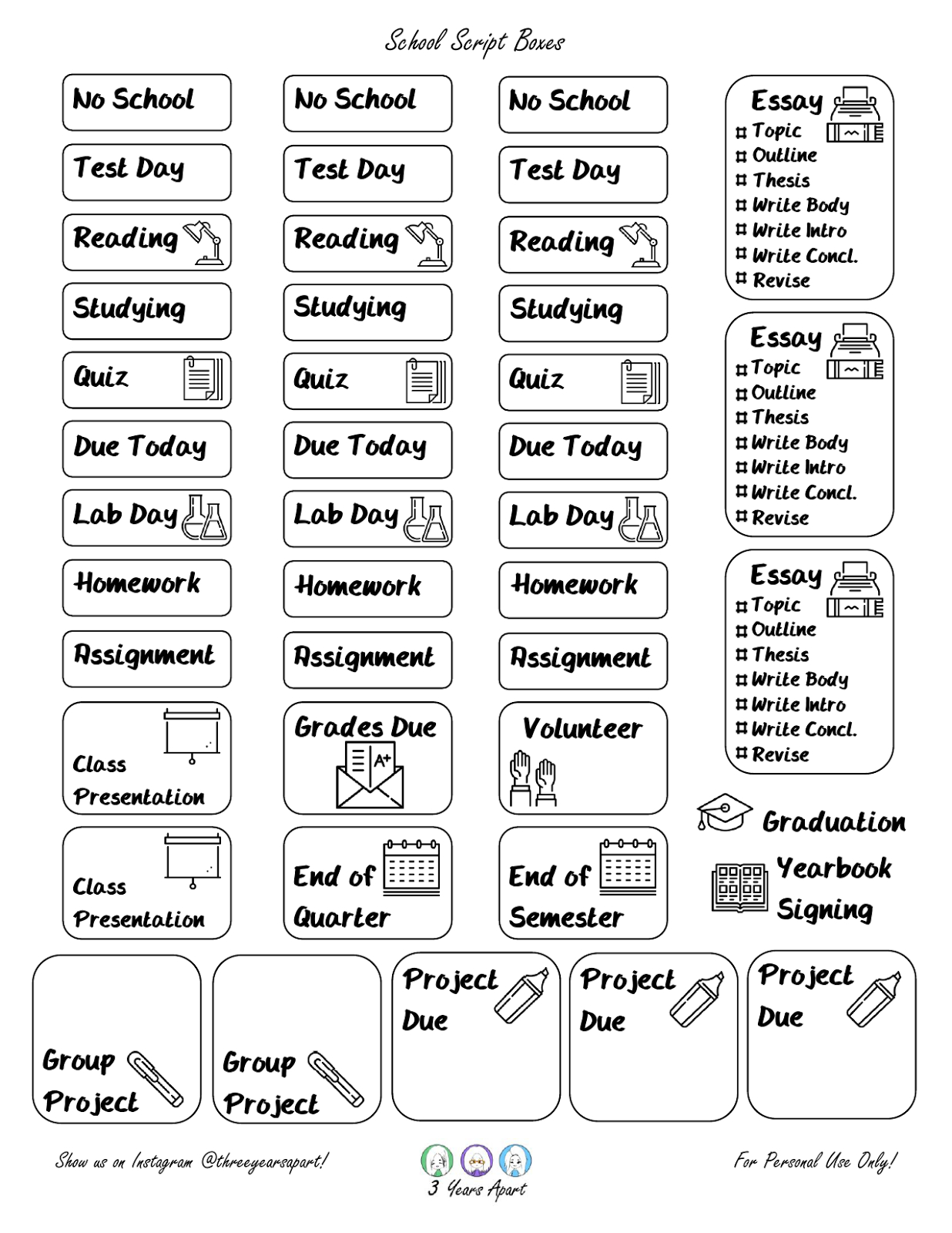 School Bundle - Free Bullet Journal And Planner Printable | Plan On - Bullet Journal Stickers Free Printable Black And White