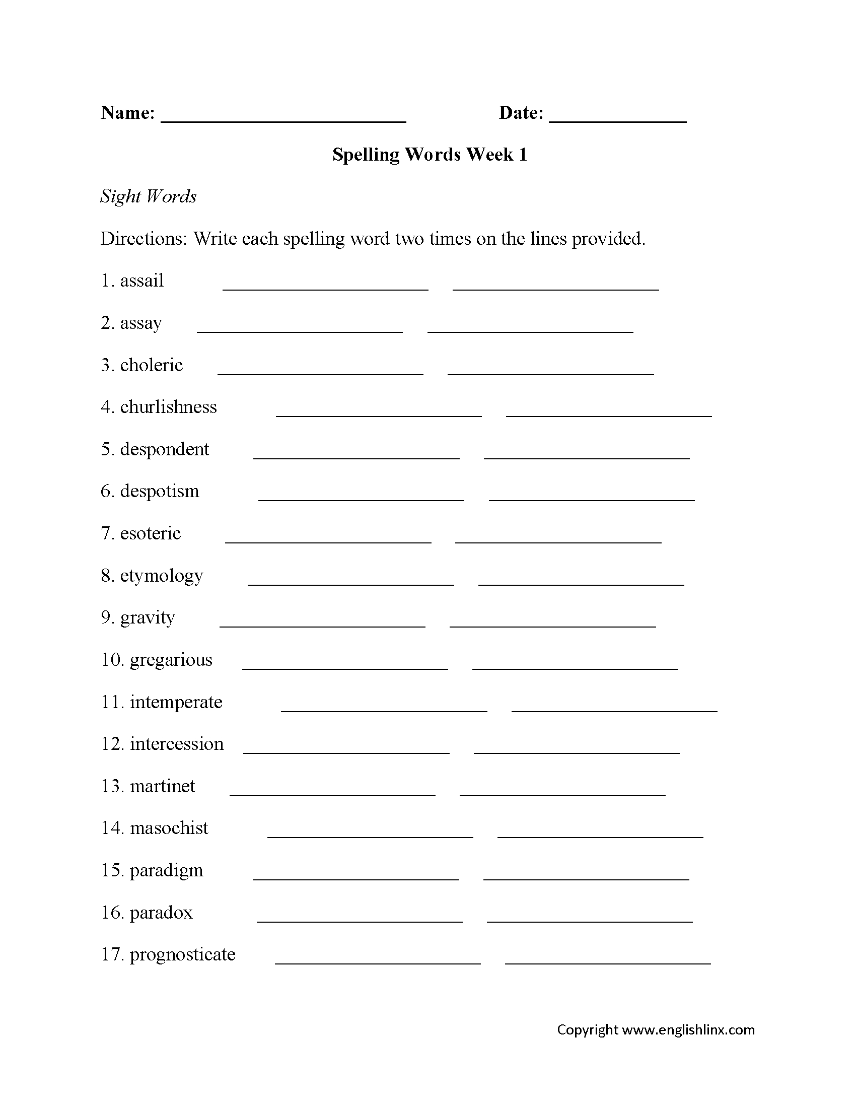 Free Printable Spelling Homework Worksheets