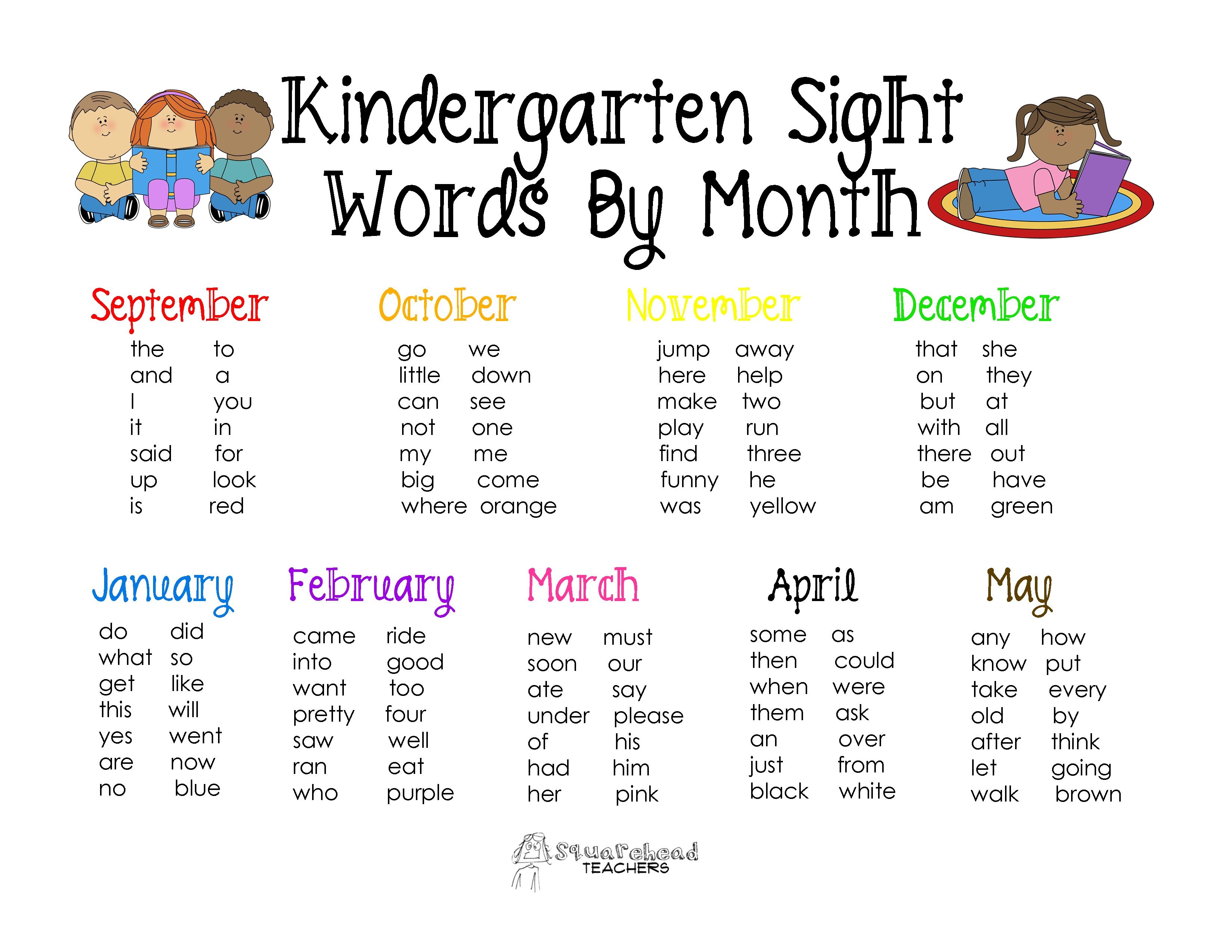 Squarehead Teachers: Kindergarten Sight Words List (By Month). Free - Free Printable Kindergarten Sight Words