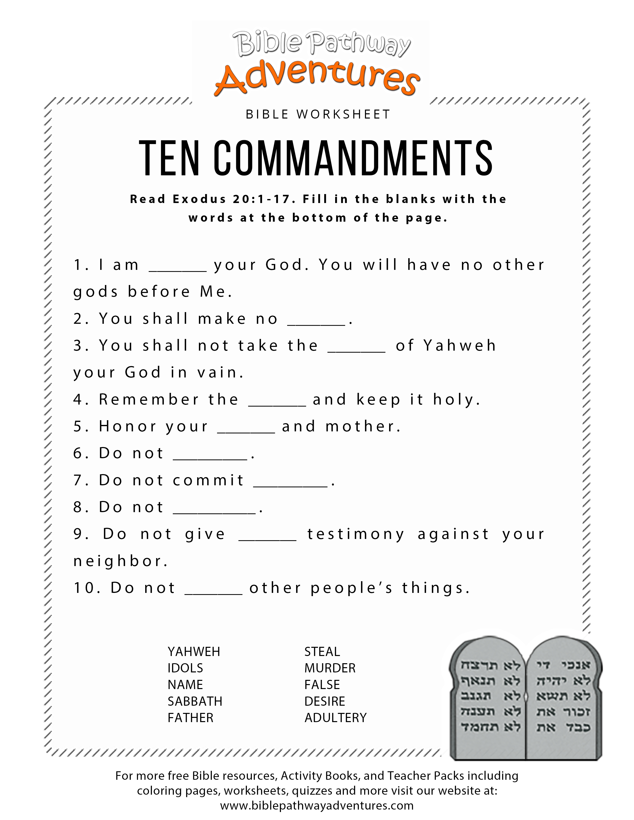 Ten Commandments Worksheet For Kids | Hebrew School | Bible - Bible Lessons For Adults Free Printable