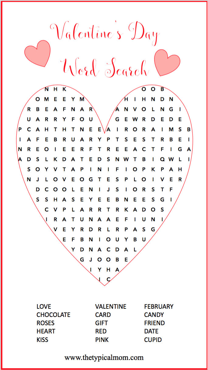Valentine Word Search · The Typical Mom - Free Printable Valentine Word Games