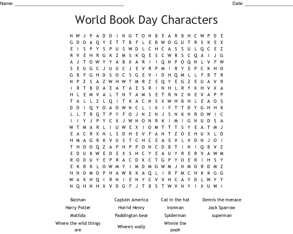 World Book Day Characters Word Search - Wordmint - Word Search Maker Free Printable