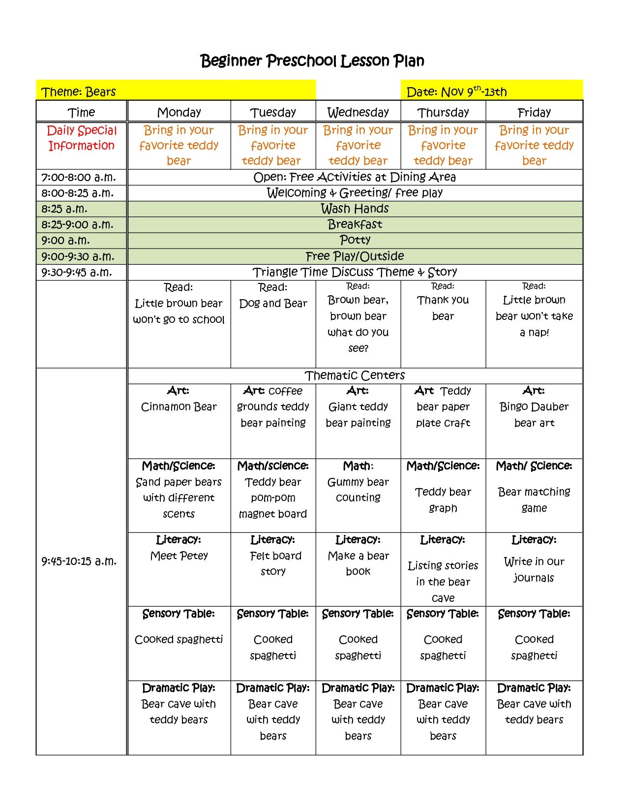 Preschool Curriculum Template Free