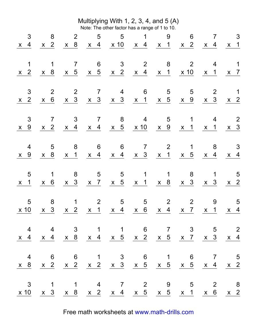 100 Vertical Questions -- Multiplication Facts -- 1-51-10 (A) - Free Printable Math Worksheets Multiplication Facts