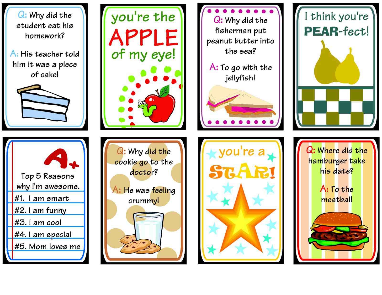 12 Sets Of Free Lunch Box Notes - Free Printable Lunchbox Notes