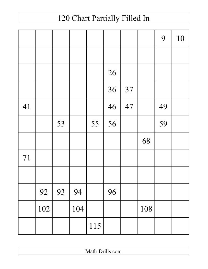 120 Chart Partially Filled (A) Math Worksheet #freemath | 1St Grade - Free Printable Hundreds Chart To 120