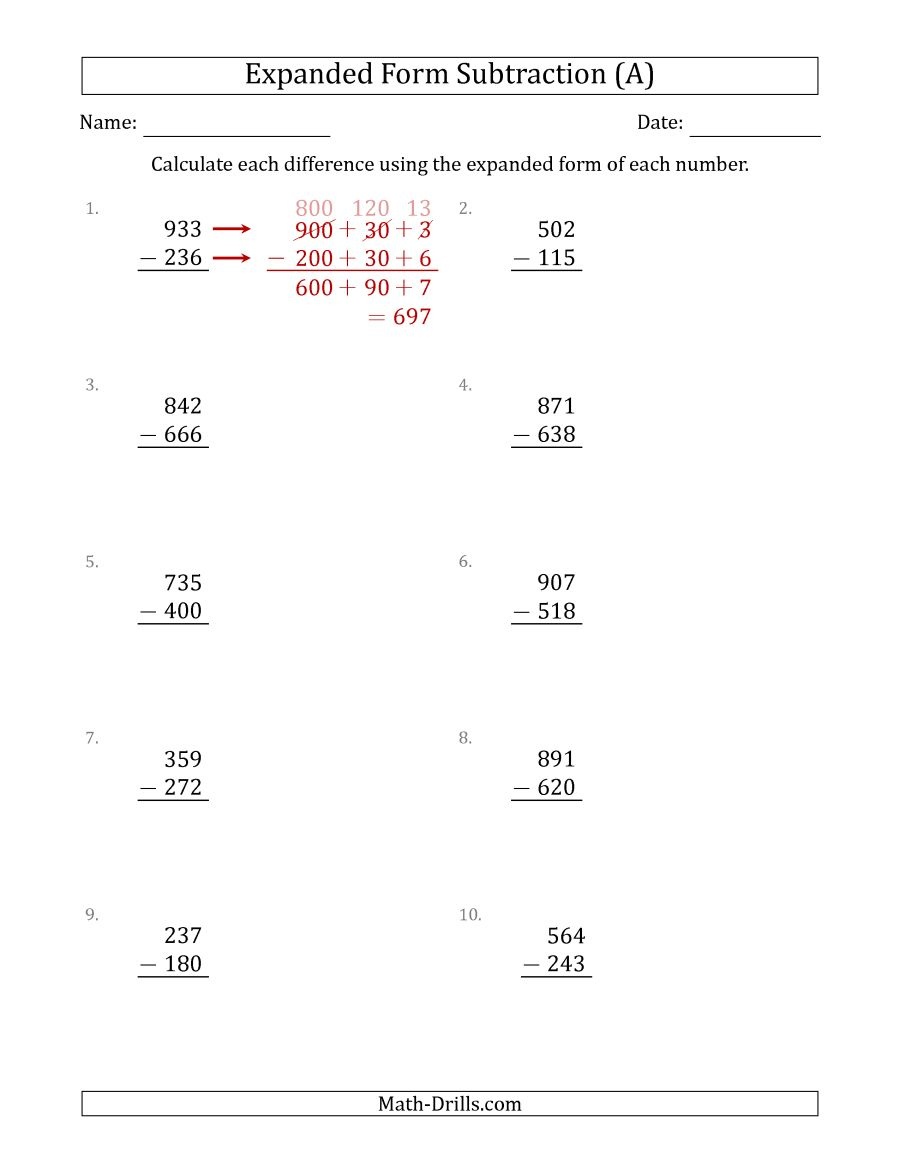 3-Digit Expanded Form Subtraction (A) - Free Printable Expanded Notation Worksheets