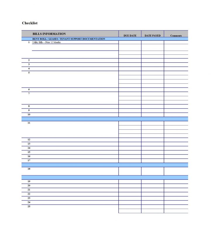 Free Printable Bill Checklist