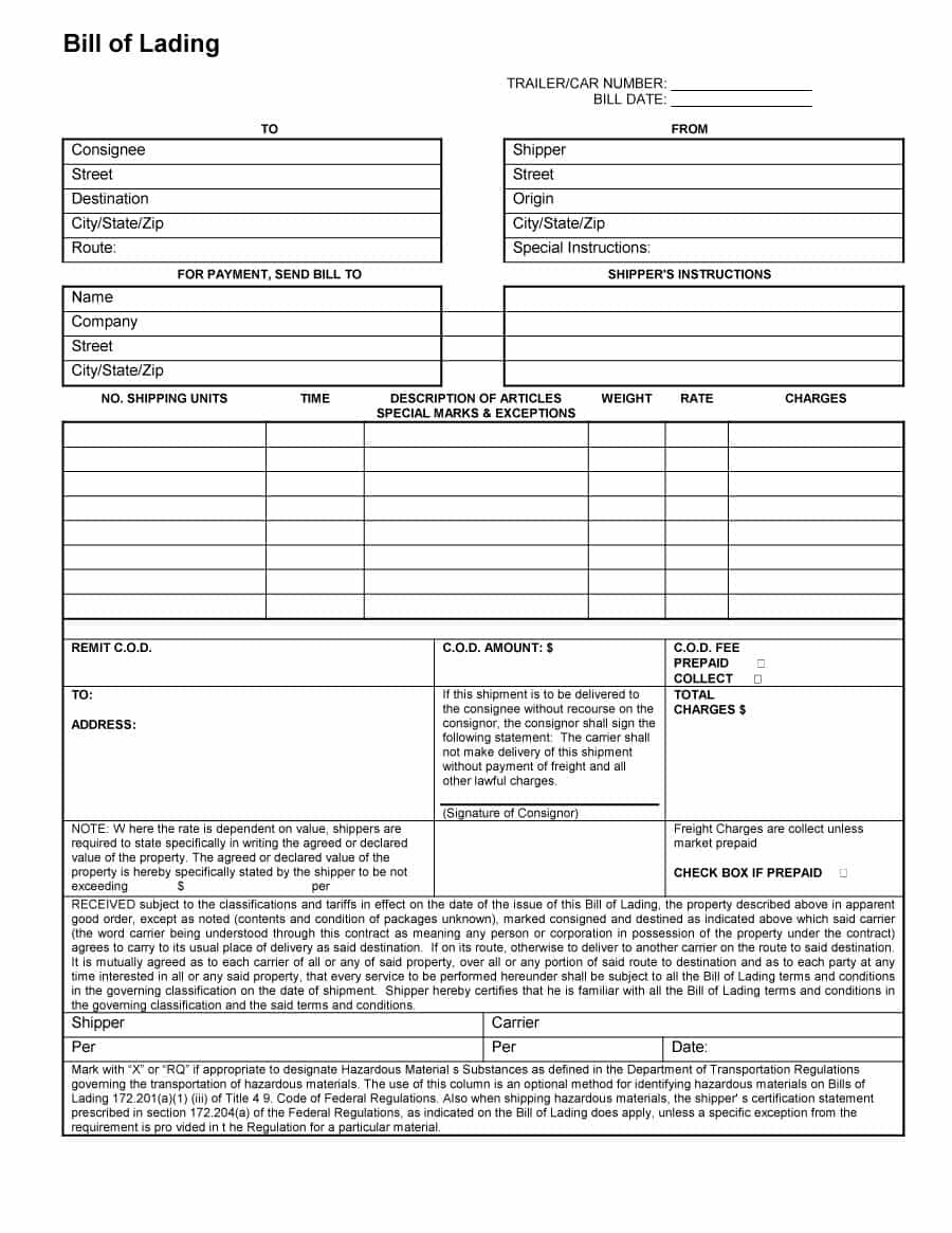 40 Free Bill Of Lading Forms &amp;amp; Templates ᐅ Template Lab - Free Printable Straight Bill Of Lading