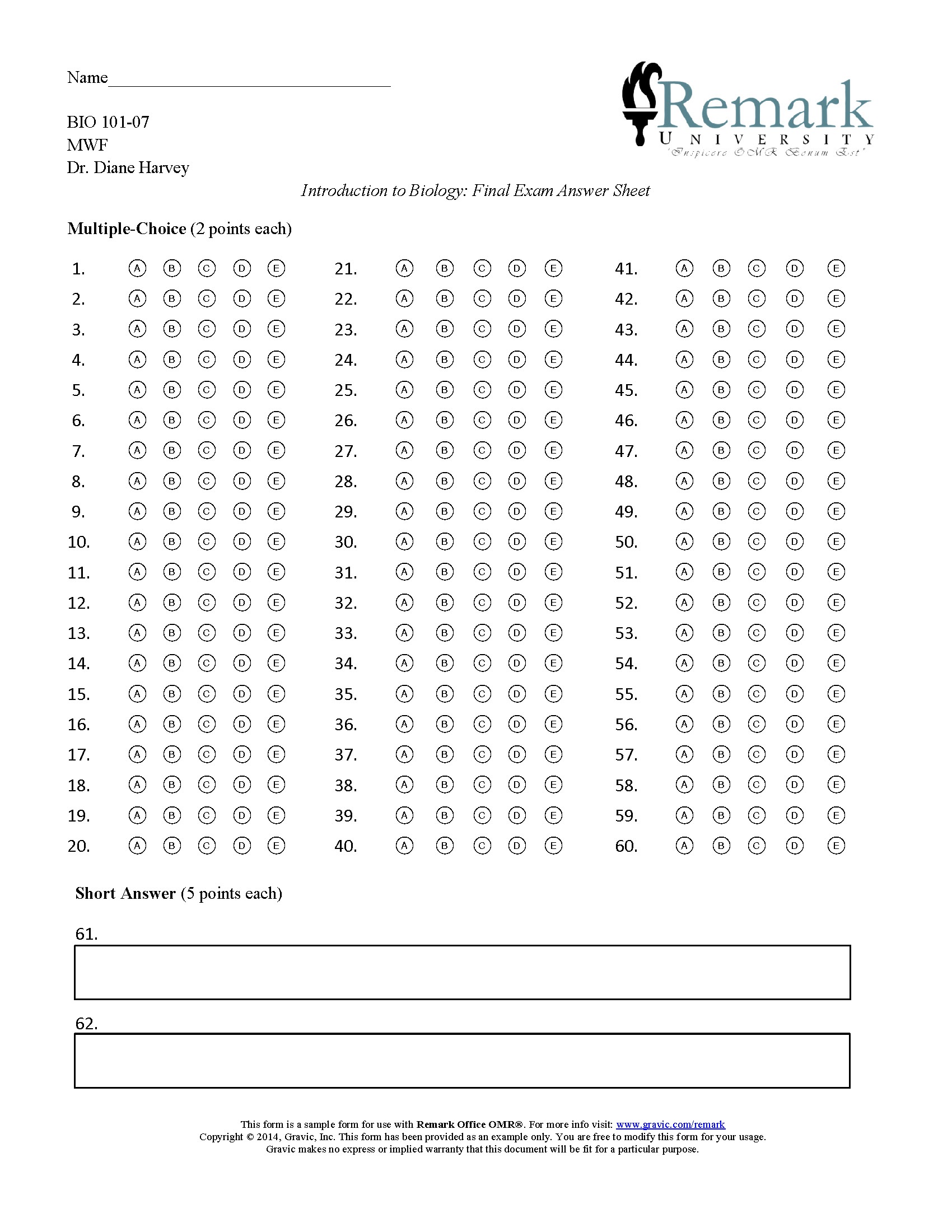 Printable Blank Answer Sheet Template
