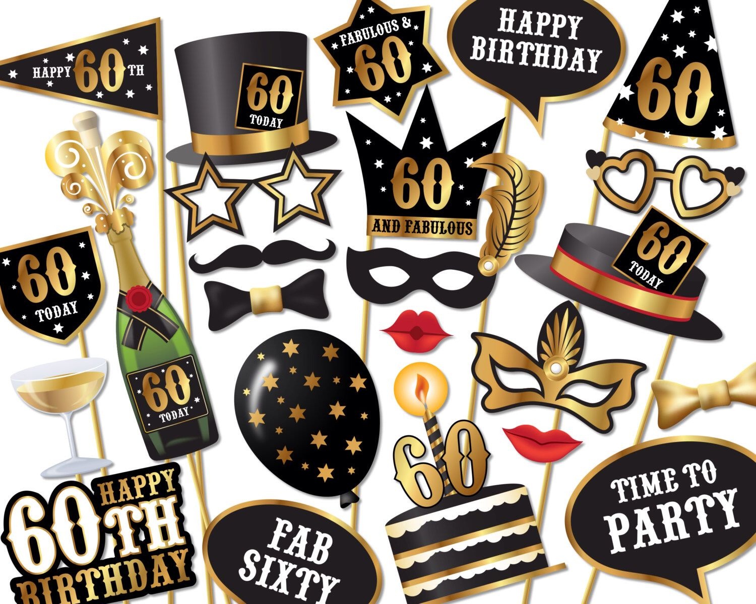 60Th Birthday Photo Booth Props Black And Gold Over 70 Adult Etsy Free Printable 70 s Photo