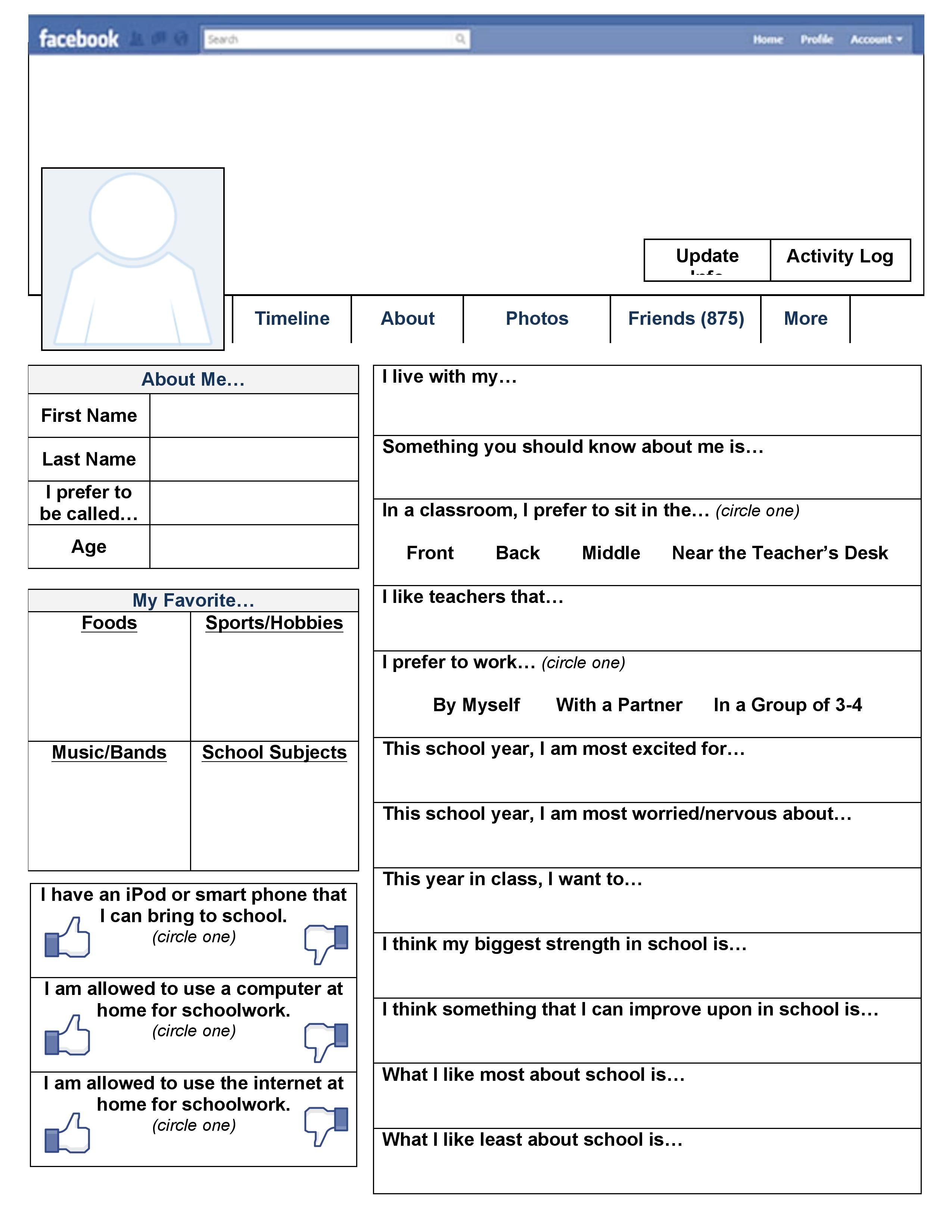 A Free Printable &amp;quot;facebook&amp;quot; Page To Use On The First Day Of School - Free Printable First Day Of School Activities