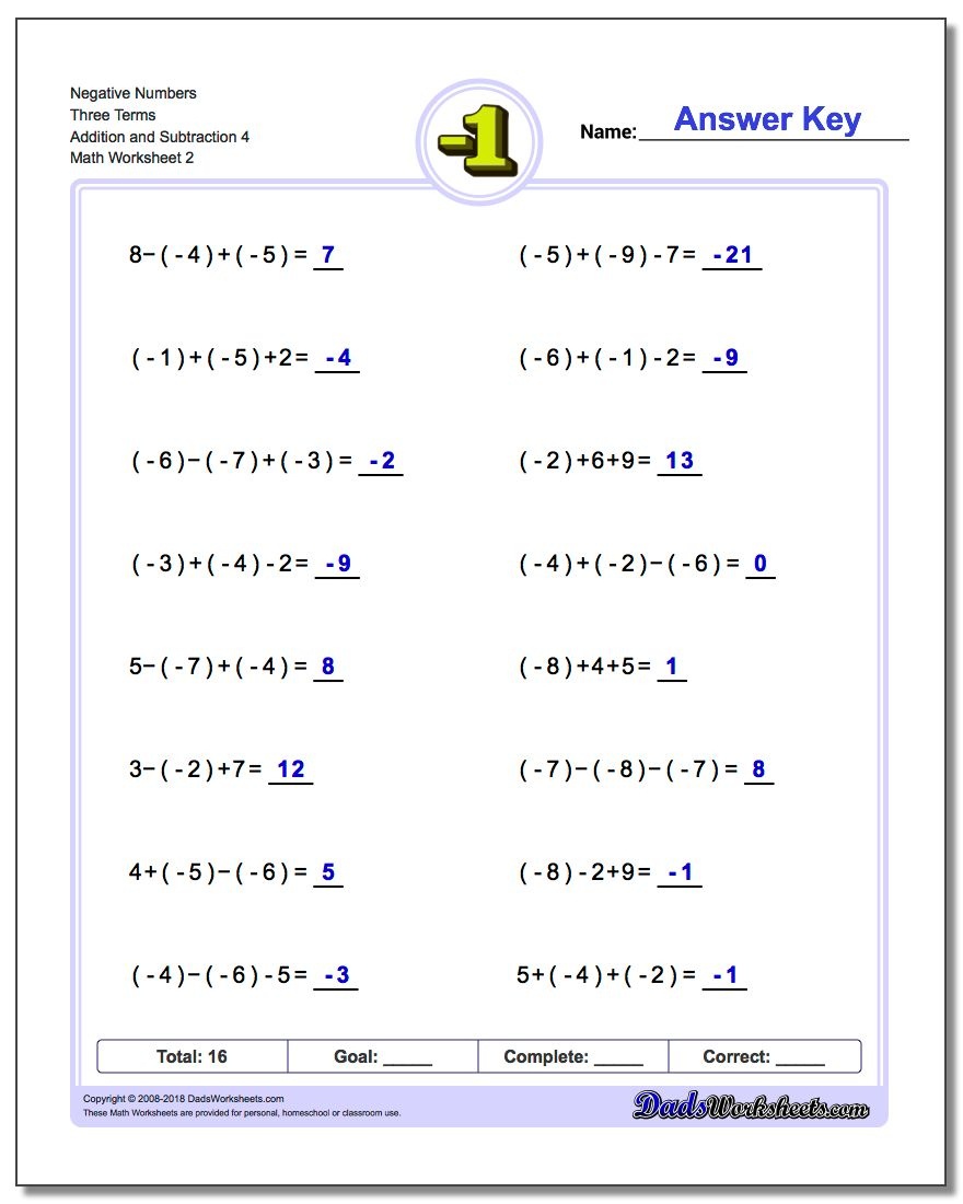 Adding And Subtracting Negative Numbers Worksheets - Free Printable Integer Worksheets Grade 7