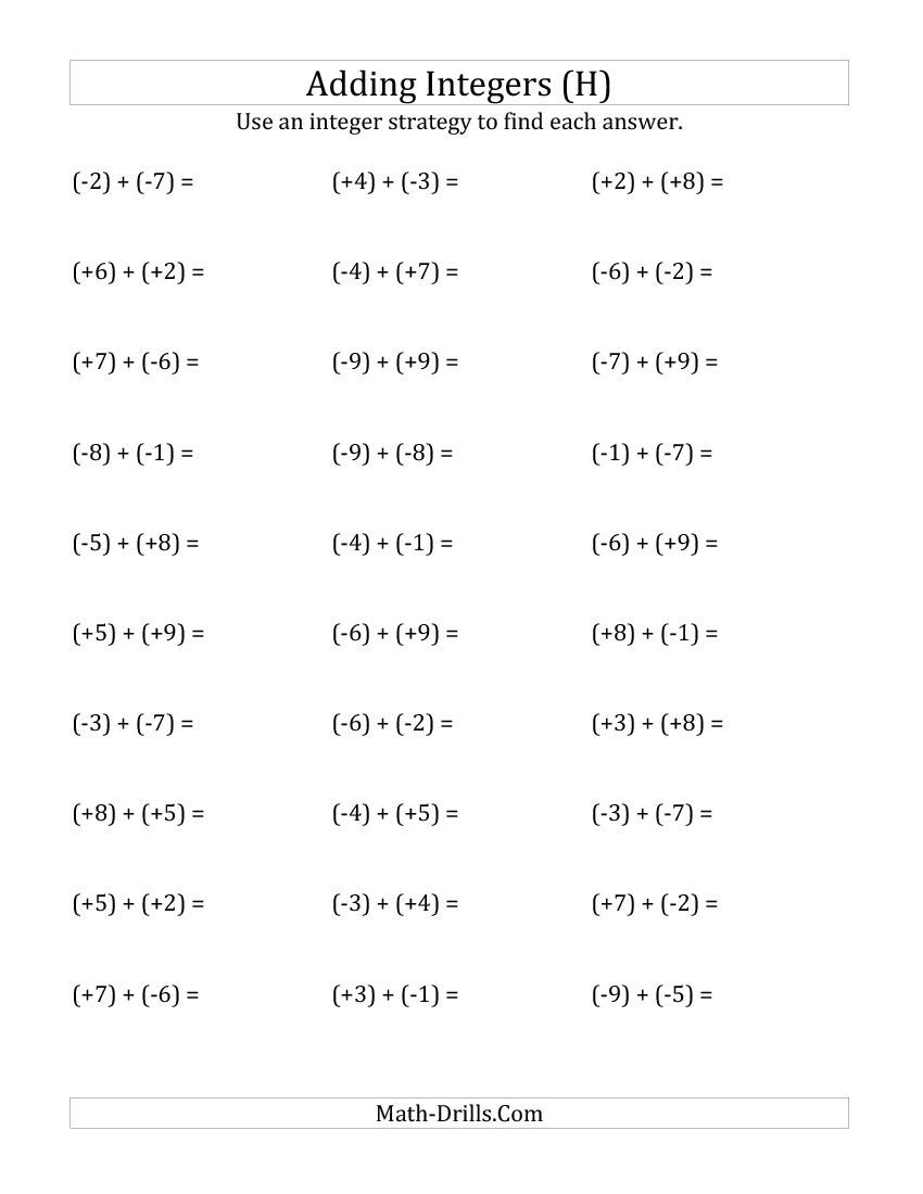 Adding Integers From (-9) To (+9) (All Numbers In Parentheses) (H - Free Printable Integer Worksheets Grade 7