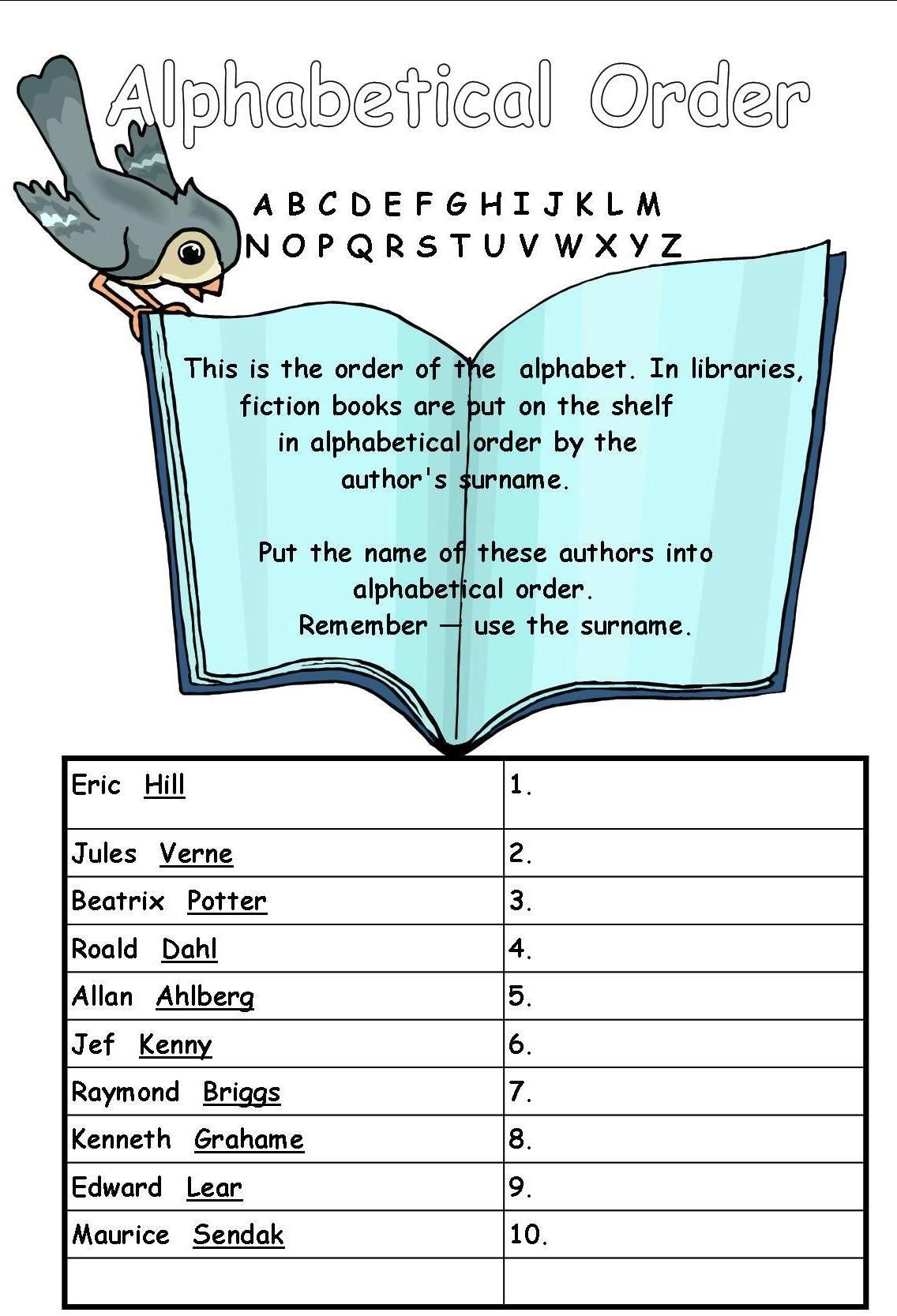 Alphabetical Order Worksheet For Year 3 And 4. | Library Skills - Free Library Skills Printable Worksheets