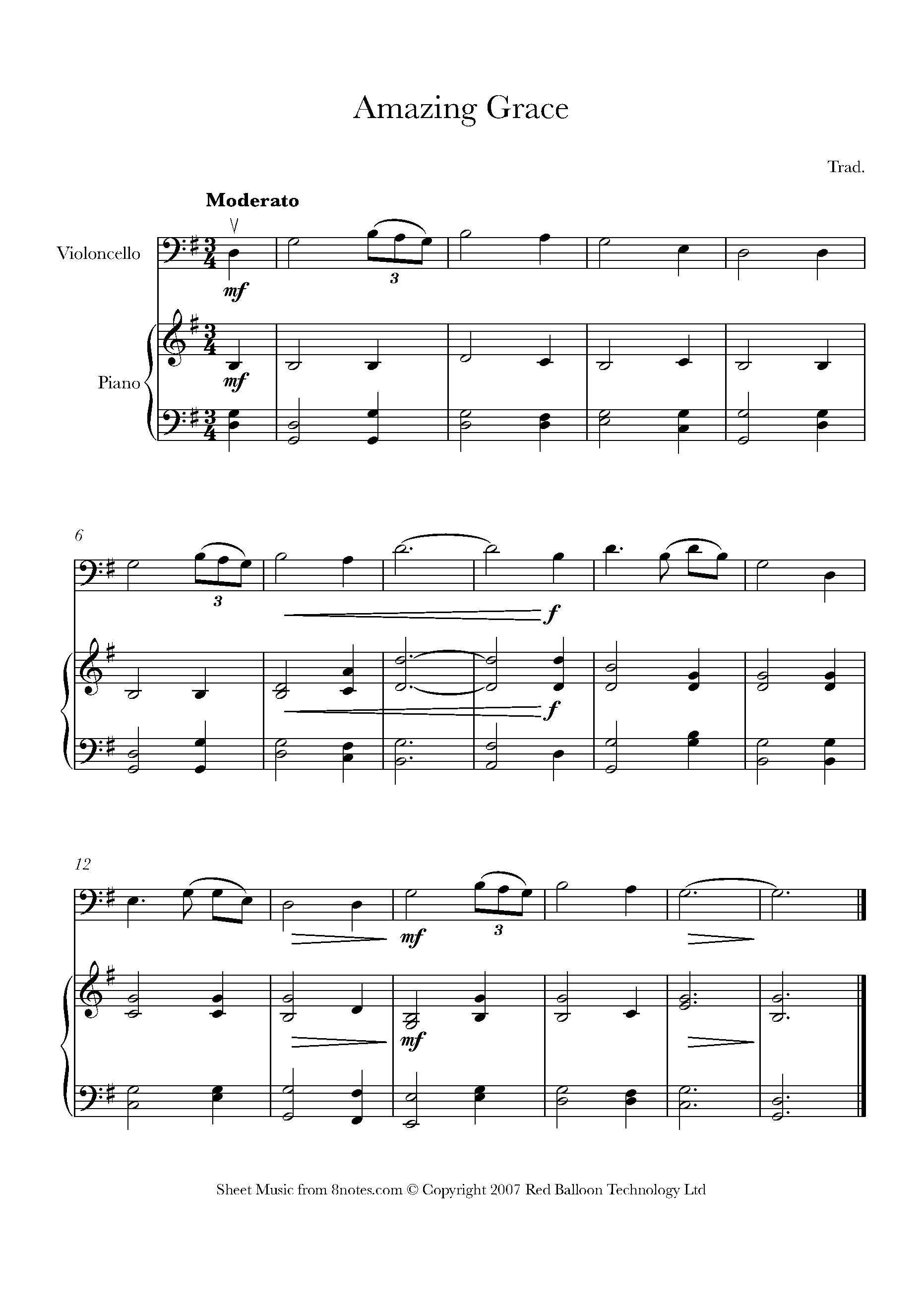 Amazing Grace Sheet Music For Cello - 8Notes - Free Printable Gospel Sheet Music For Piano
