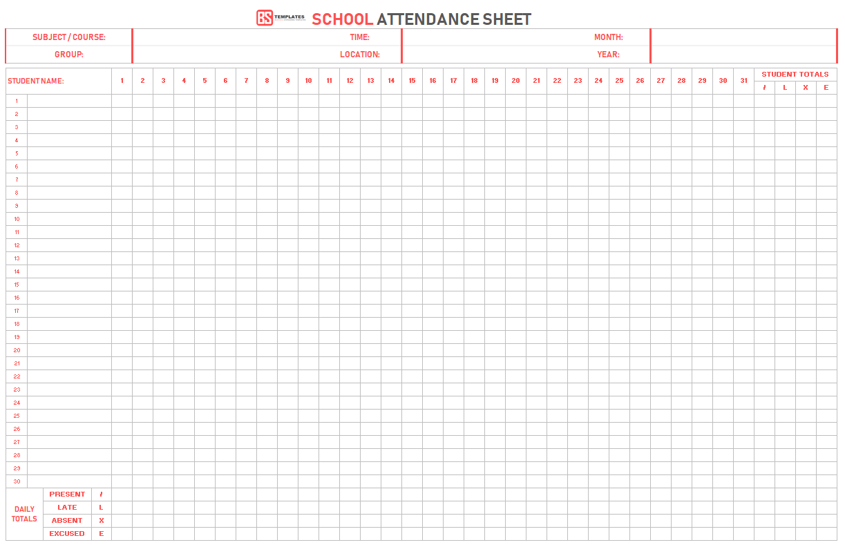 Attendance Sheet Template –Free Printable Daily Monthly Attendance Excel - Free Printable Attendance Sheets For Homeschool