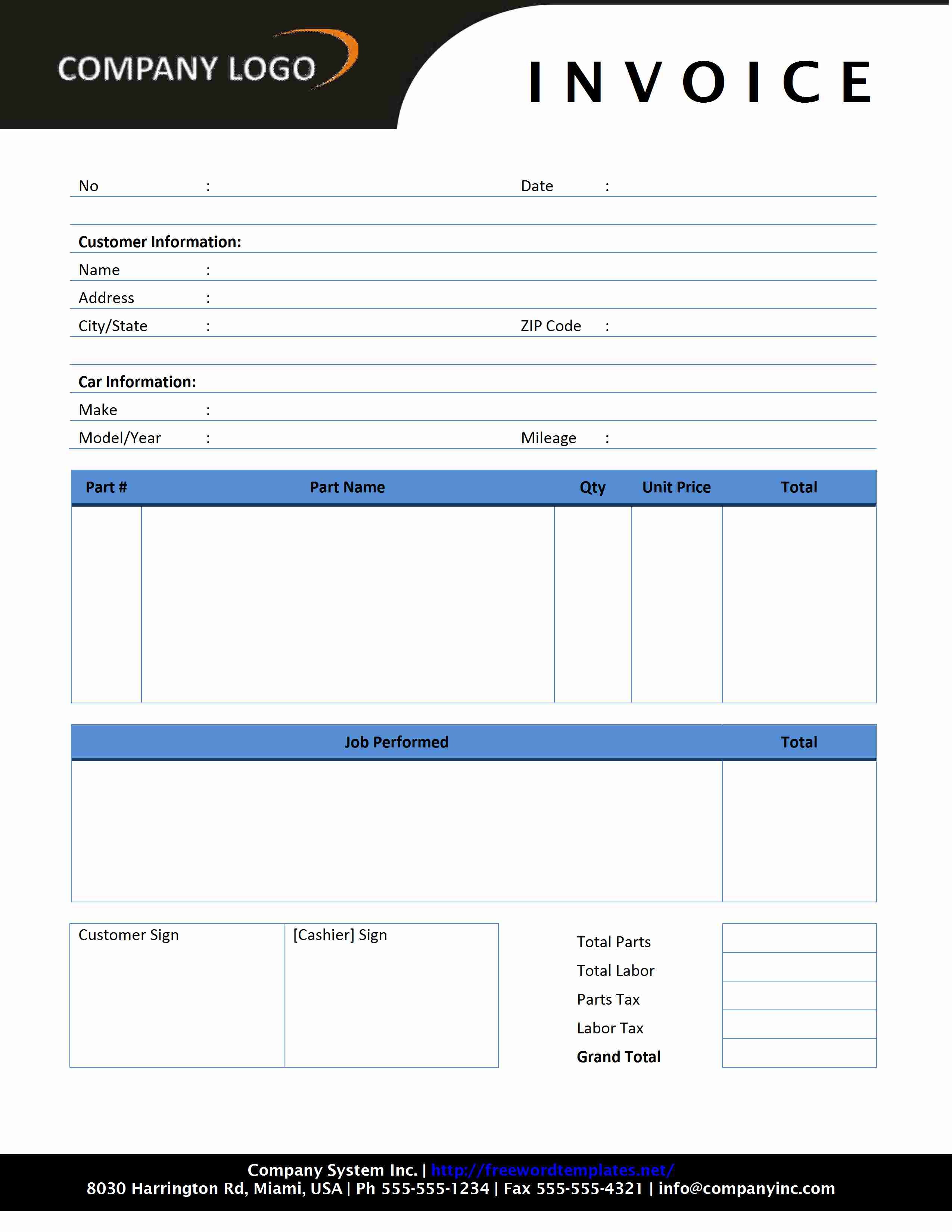 Free Printable Auto Repair Invoice Template Free Printable