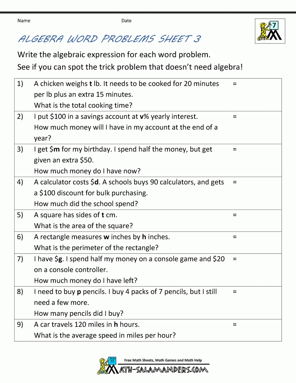 Basic Algebra Worksheets - Free Printable Algebra Worksheets Grade 6