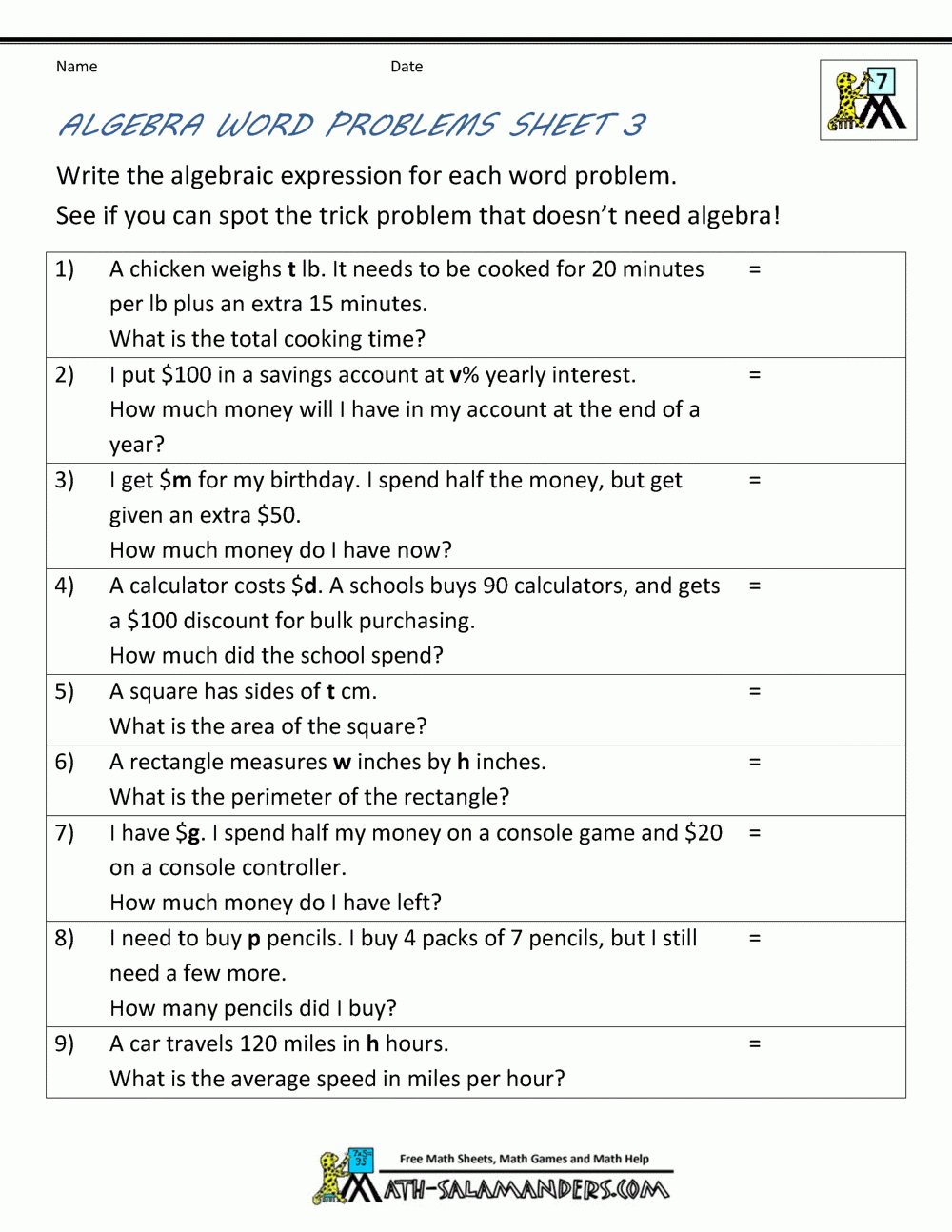 Free Printable Algebra Worksheets Grade 6 | Free Printable