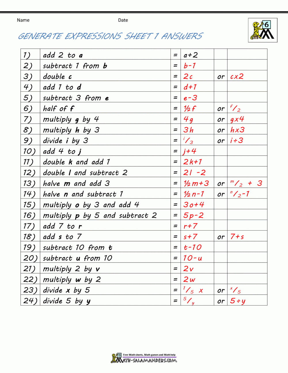 Basic Algebra Worksheets - Free Printable Algebra Worksheets With Answers