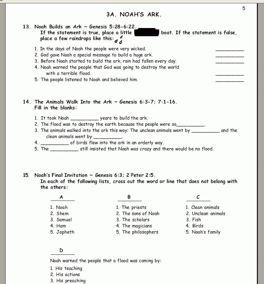 Bible Study Worksheets For Volume 1 Adam And Eve, Noah And The Ark - Free Printable Bible Study Lessons With Questions And Answers