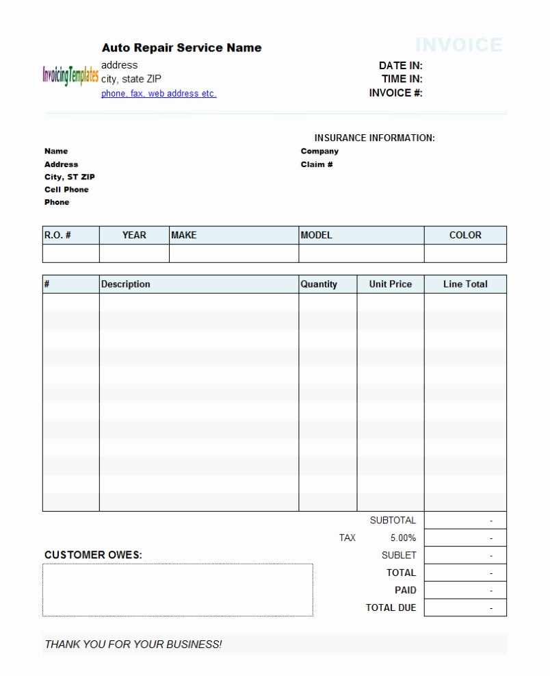 Printable Mechanic Invoice Template Printable World Holiday