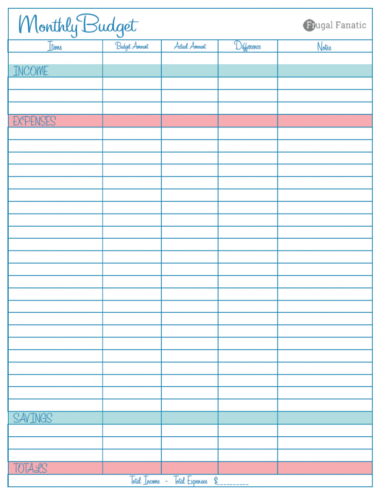 personal budget template printable