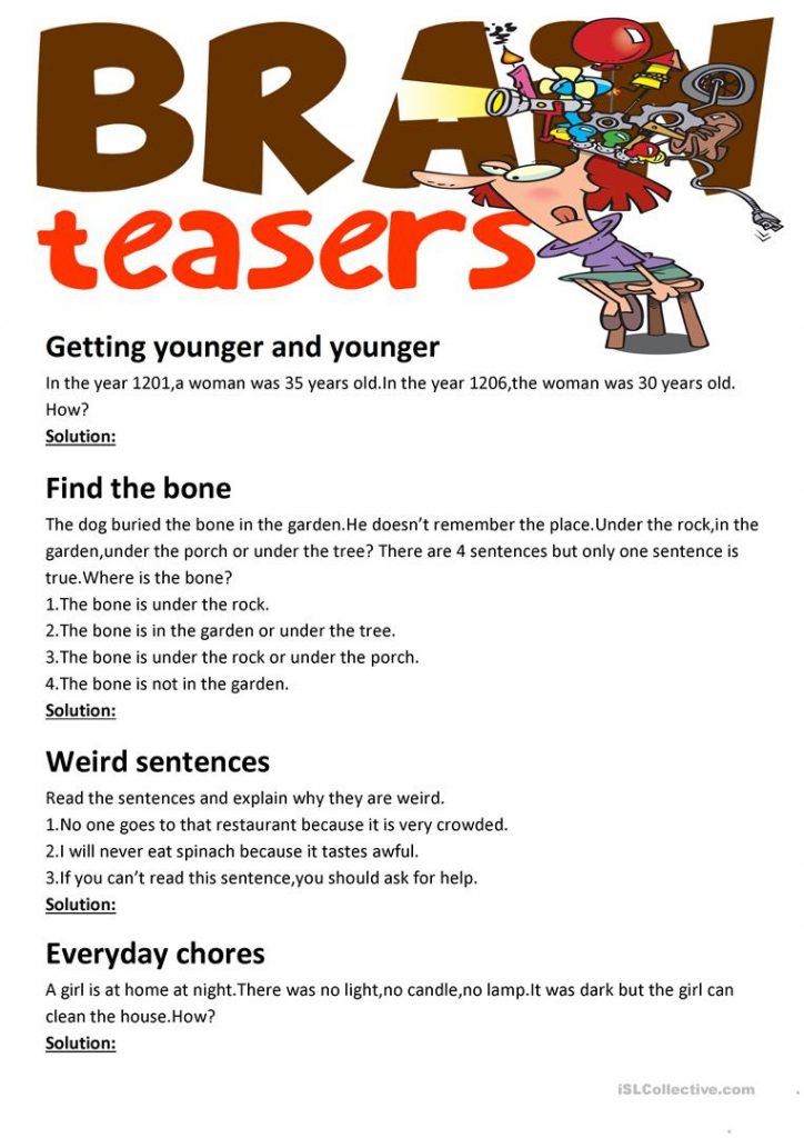 Brain Teasers With Answer Key Worksheet Free Esl Printable 