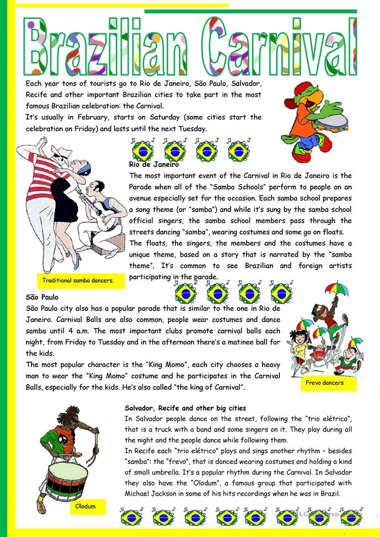 Brazilian Carnival – Text, Pictures, Comprehension, Links To Videos - Brazil Worksheets Free Printables