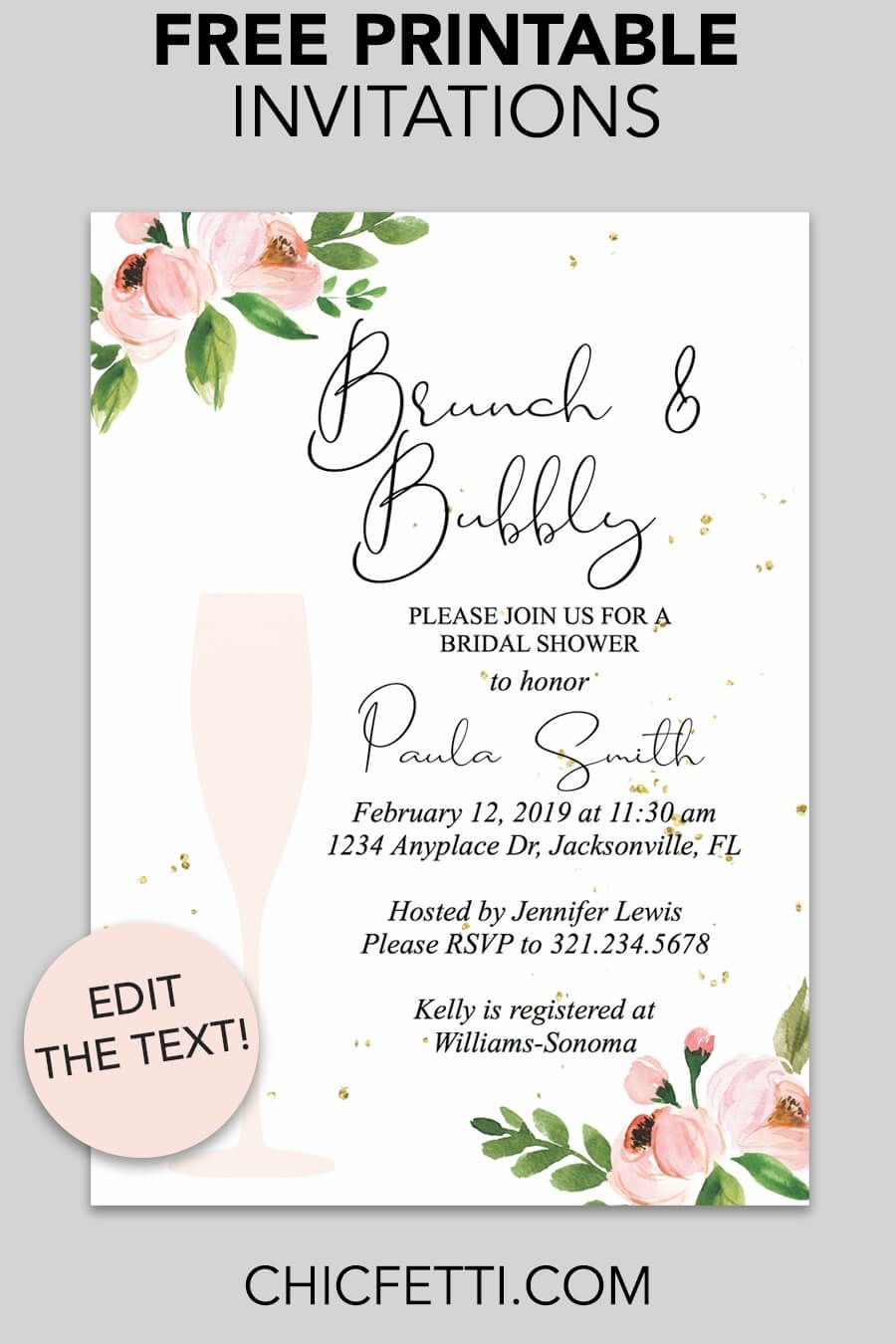 Bridal Shower Printable Invitation (Floral Bubbly | Invitations - Free Printable Wedding Invitations Templates Downloads